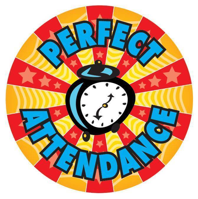 Perfect Attendance ( blue) written on a wheel. the wheel is red and yellow. The colors  alternate. Other then the words being in this wheel we also have a blue, black and white time clock. 