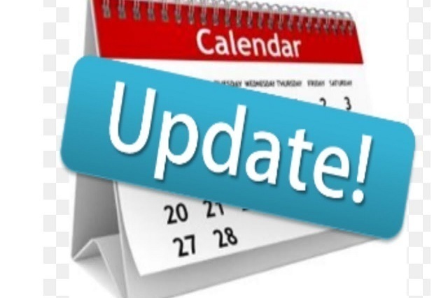 Calendar Update. Calendar (white, with a red background) Update (white, with a blue background. Updated is laying across a calendar. (white)