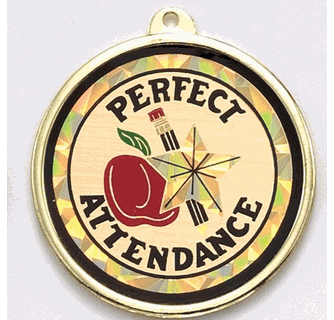 Perfect Attendance medal. The medal is gold. In the center of it is the words ( black) with a red apple and gold star, along witha black and yellow pencil 