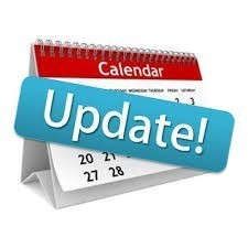 Calandar Updated. Calandar is in white on a red background. Update is also written in white on a blue background. The white/blue update is laying over top of the calandar