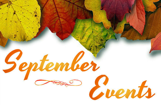 September events is written in orange and yellow. Above September Events is a picture of colored leaves. Yelow, orange, red, green and brown