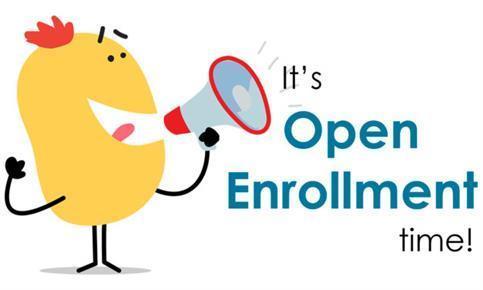 It's (black) Open Enrollment (a shade of blue) time! (black). To the left of the words  is a yellow cartoon figure holding a megaphone that is light blue and red.