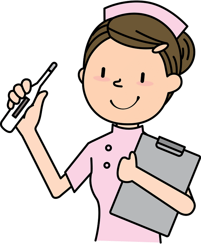 Picture of a nurse. She is wearing a pink top and a pink band. She is holding a thermomitor and a grey clipboard