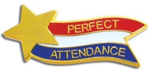 Perfect Attendance written gold. The words are written on a a red, white and blue flag attached to a yellow star. 