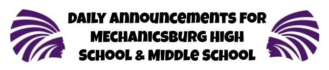 Daily announcements for Mechanicsburg High School & Middle School (black) written on white background. To the left and right of the words are purple Indian heads.
