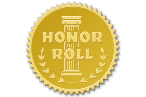 Honor Roll seal. The seal is yellow with the words Honor Roll in the middle. Behind the words is a gold column. 