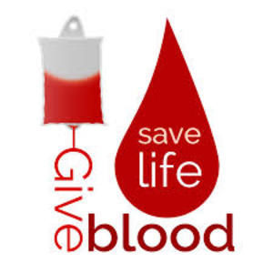Give Blood written in red. Save Life is in white and inside a blood drop. The Words Give looks like it is coming out of an IV bag.