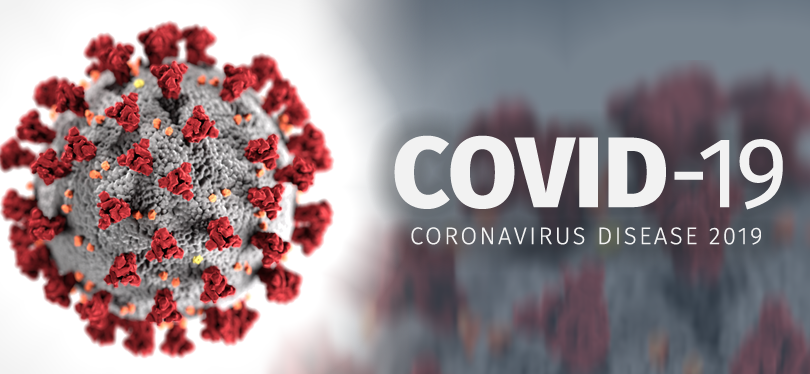COVID - 19 coronavirus disease 2019 (white) written on a red and grey background. To the left of the words is a red and grey ball that represents a germ.