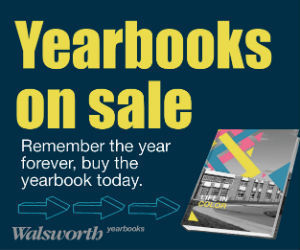 Yearbooks on sale (yellow) Remember the year forever, buy the yearbook today. (white) The words are on a dark blue background. There are 3 arrows pointing torch a grey, blue, yellow and pink yearbook.