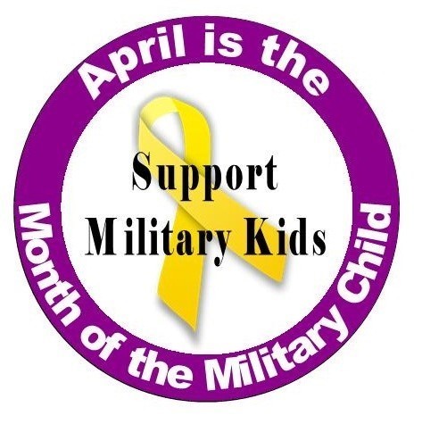 April is Month of the Miitary Child (white) This is written on purple backgropund in circle. Inside the Circle is a yellow ribbon. Over the yellow ribbon is the words Support Military Kids (black)