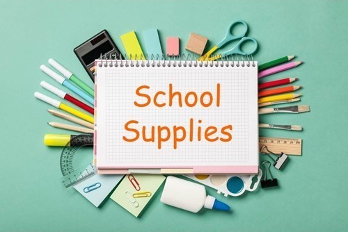 School Supplies written on graph paper with tons of school supplies around it. all laying on a teal background.