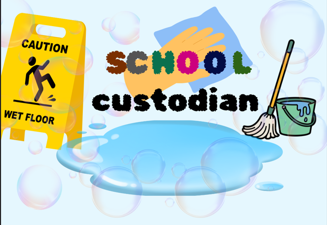 School Custodian in multi color. There is a yellow caution wet floor sign. a green mop bucket, a white mop with a yellow handle.  A yellow glove holding a blue rag.  to the left of the mop bucket is a puddle of water that is blue. there are also light bubbles all over in purple, pink and blue.
