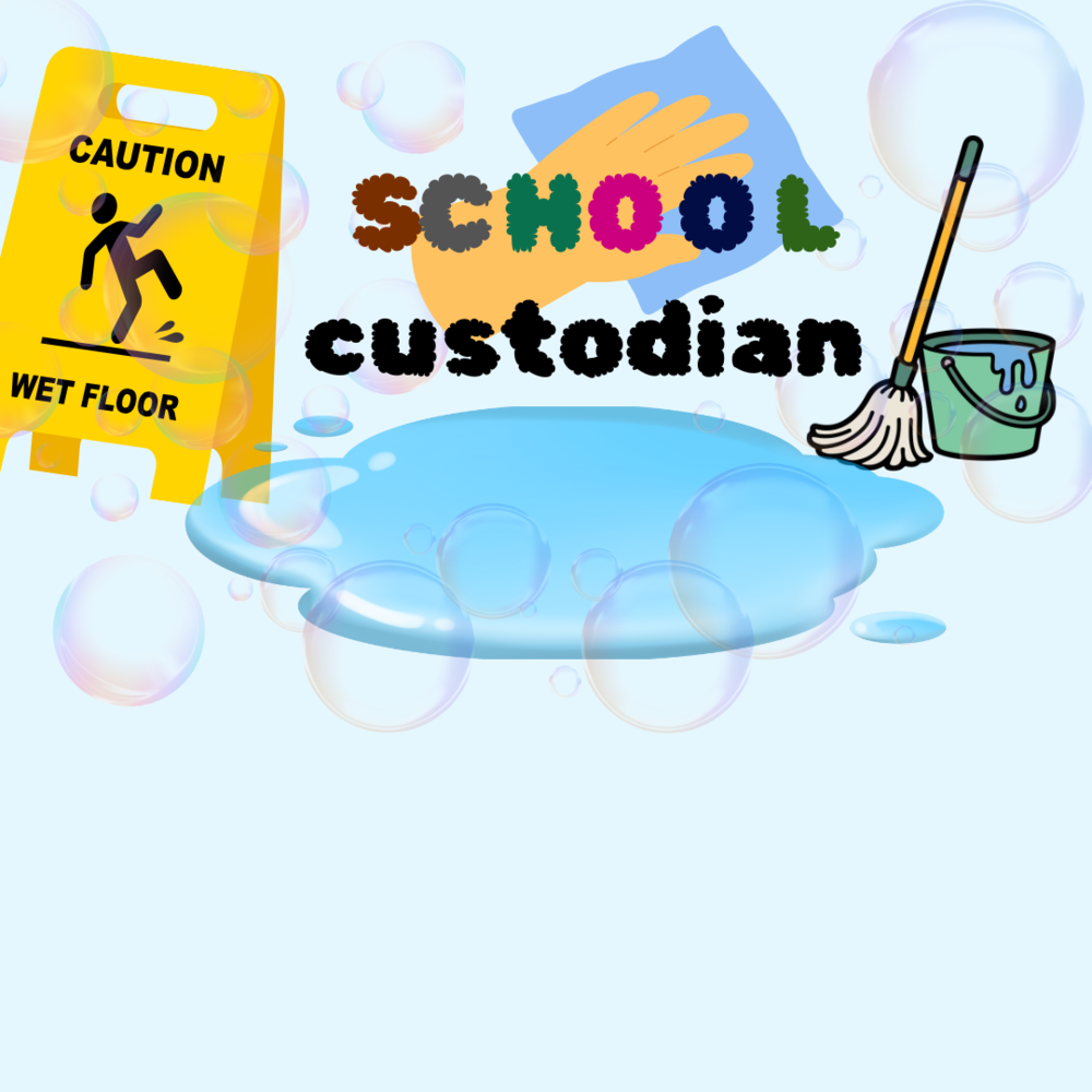 School Custodian in multi color. There is a yellow caution wet floor sign. a green mop bucket, a white mop with a yellow handle. A yellow glove holding a blue rag. to the left of the mop bucket is a puddle of water that is blue. there are also light bubbles all over in purple, pink and blue.