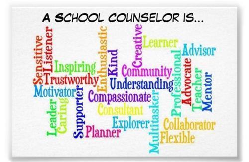 A School Counselor is ....(black)  this is at the top of the picture. below that are any different words describing a counselor. The words are all different colors. Words like sensitive, inspiring, motivator, compassionate, exlpore and tones more. 