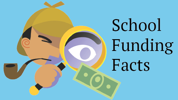 School Funding Facts ( black) to the left of the words is a face of a cartoon character he is holding a yellow magnifying class looking at green money. The character also has a brown pipe . The is wearing a yellow hat.