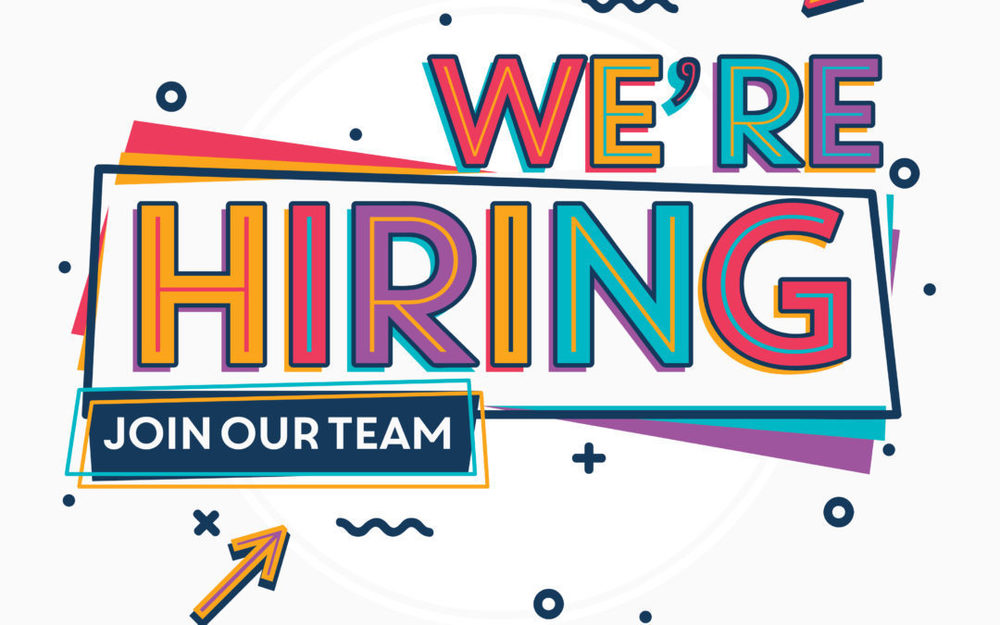 We're Hiring is in multi color. Join our team is written in white on blue background.