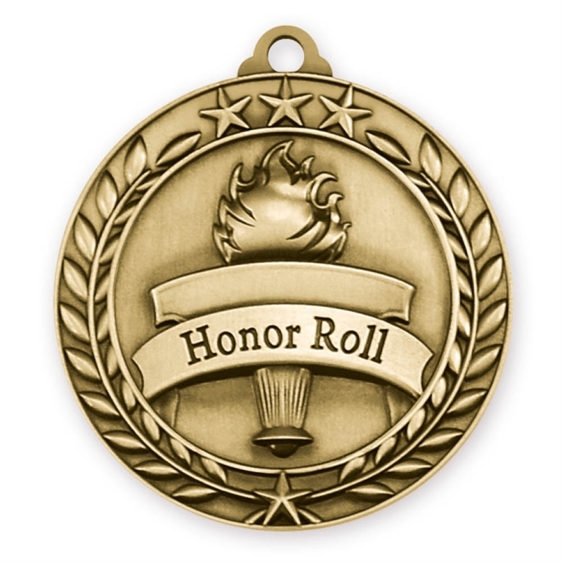 Honor Roll medal. The medal is gold. Honor Roll is in the middle of the medal, with what looks like the olympic torch