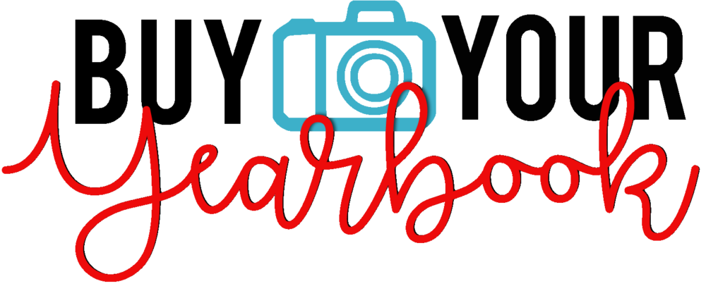 Buy Your (black) Yearbook (red) in between the words Buy and your is a blue camera