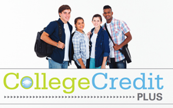 College Credit Plus flyer. College is written in neon green, Credit is written in neon blue, plus is in grey. Above that are 4 students holding bookbags.