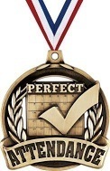 Perfect Attendance medal. The medal is gold. Within the medal is a check mark. The medal is hanging from a red, white and blue ribbon