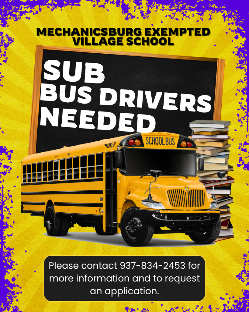 Sub Drivers- Yellow school bus with a stack of books beside bus, with info for reaching out to be  a driver