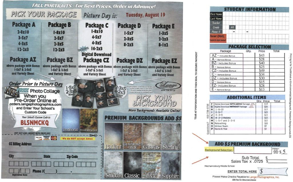 Picture Day Order form with prices