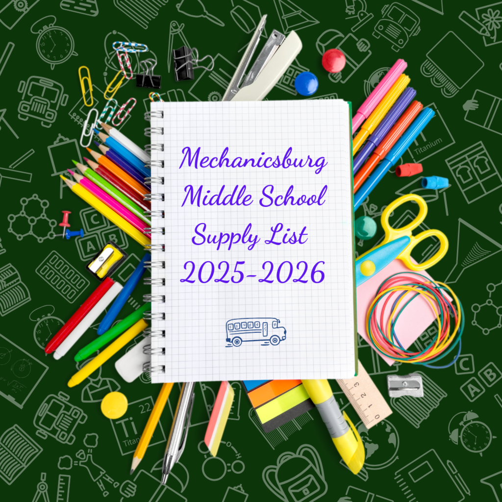 Mechanicsburg supply list 2025-26 word with pictures of colored pencils, scissors, ruler, markers and more