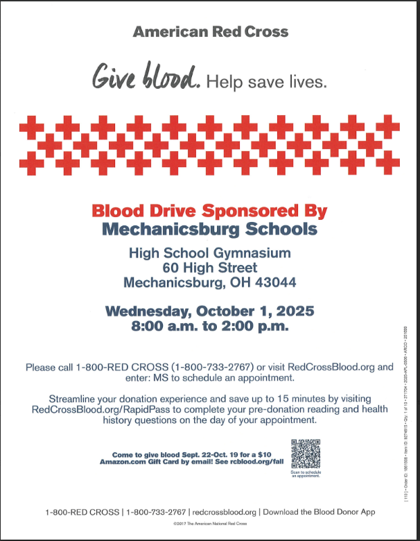 Blood Drive Flyer, Mechanicsburg Schools Blood drive Oct. 1, 2025. Flyer is red and white and black