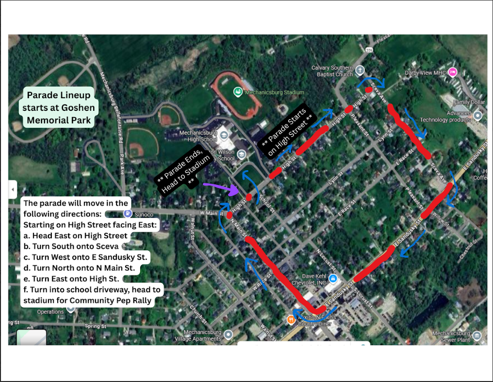 Parade map. showing the parade start and parade stop. showing that parade lineup starts at Goshen Memorial Park. The map is a google pam with red and blue for directions. 