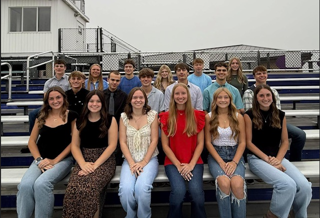 Homecoming  Court 2025 The court is sitting in the football bleachers. The 6 senior girls front row, 2nd row the Senior boys. #rd row the underclassman court. 