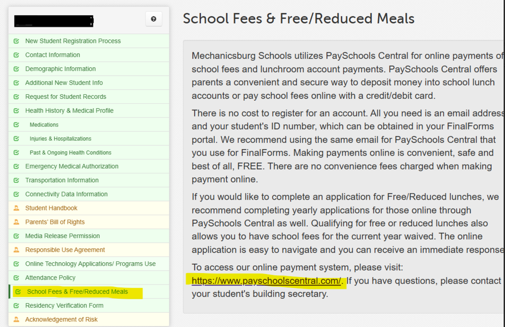 School Fees  & Free/Reduced Meals  (black) Mechanicsburg Schools utilizes PaySchools Central for online payments.