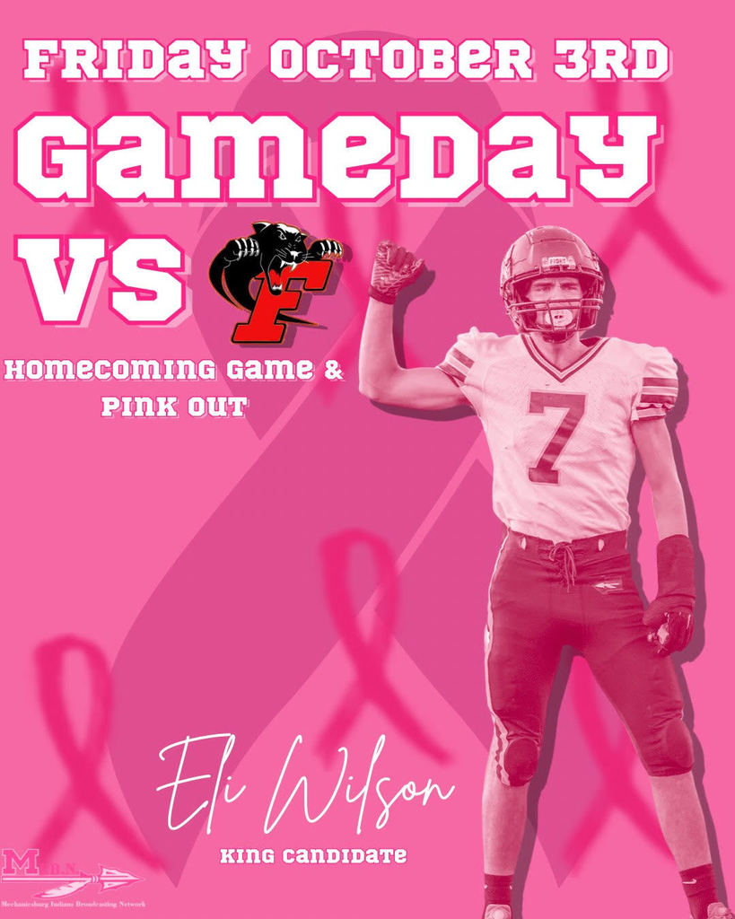 🏈💗 Homecoming Game Day 💗🏈  Mechanicsburg Football takes the field tonight for our annual Homecoming Game!  📍 Mechanicsburg High School  ⏰ Kickoff – 7:00 PM    Festivities begin at 6:15 PM with the crowning of our Homecoming King and Queen. Tonight’s theme is Pink Out as we stand together in support of Breast Cancer Awareness.