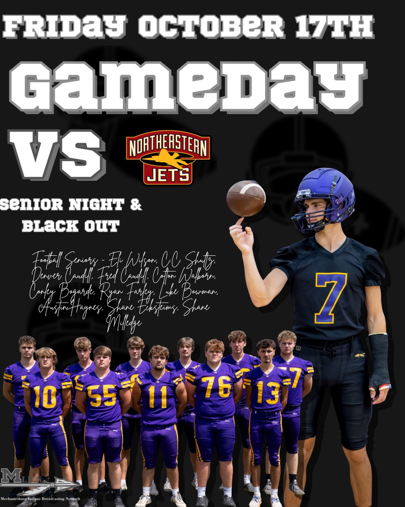 🏈🖤 SENIOR NIGHT 🖤🏈 Burg Football takes on North Eastern TONIGHT under the lights! 📍 Mechanicsburg ⏰ Kickoff – 7:00 PM 🎓 Come out and celebrate our seniors for all they’ve done for the program! 🖤 Theme: BLACKOUT — pack the stands in all black and make it a night to remember! We will also be LIVE on MIBN!