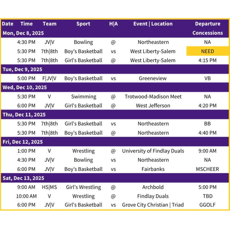 Mechanicsburg Athletic Schedule | Week of 12.7.25