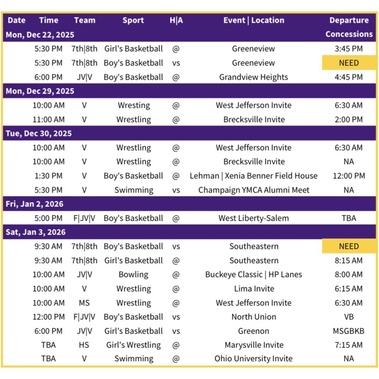 Mechanicsburg Athletics Schedule through January 3rd. Enjoy the Holidays, Go Burg! 