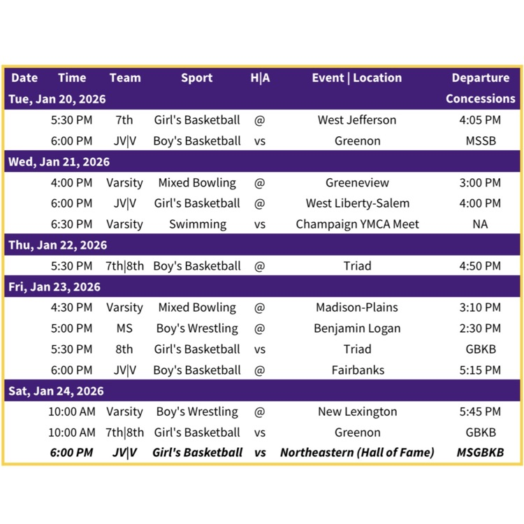 Mechanicsburg Athletics Schedule | Week of 1.20.26