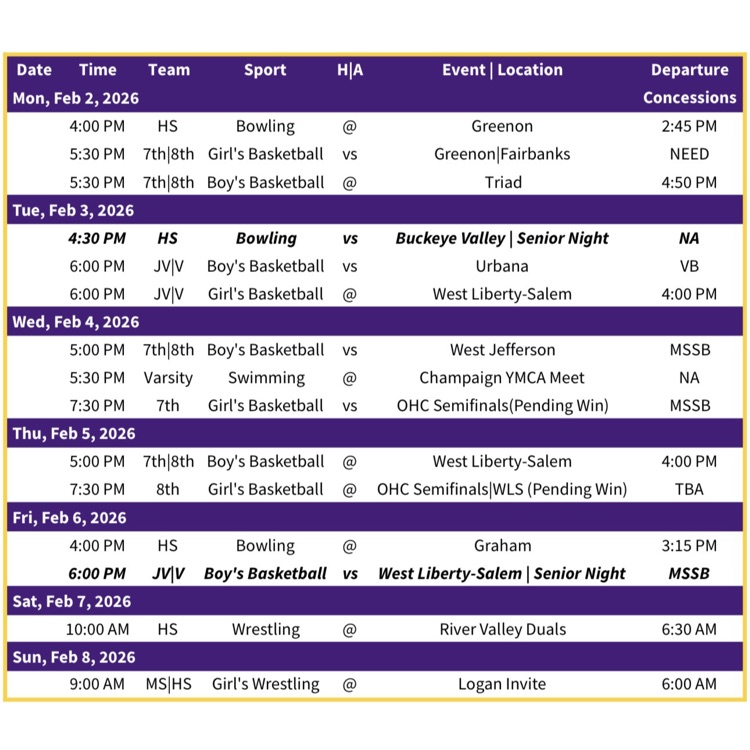WK- Mechanicsburg Athletic Schedule | Week of 2.2.26