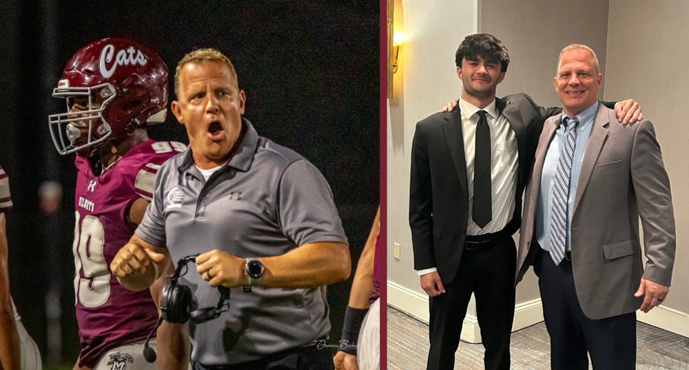 Collage of photos of head football coach