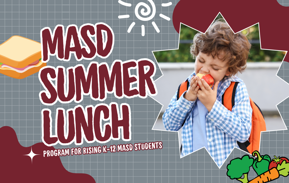 A student eating an apple alongside text that says MASD Summer Lunch Program.