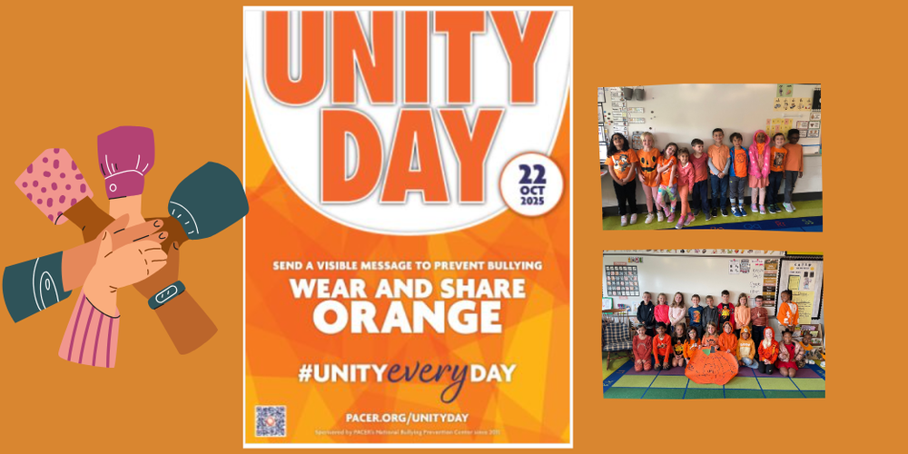 unity day poster, students together wearing orange