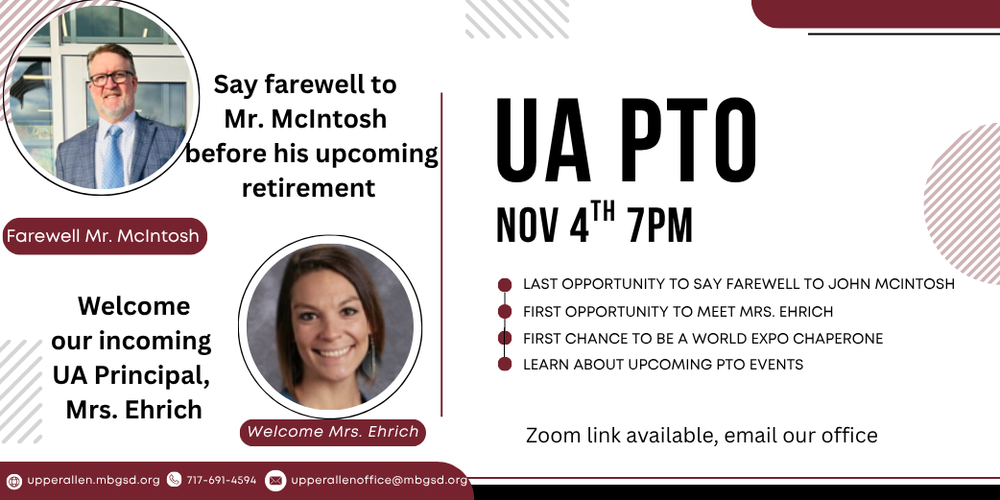 graphic with picture of incoming and outgoing principal and details of PTO meeting that are also in announcement