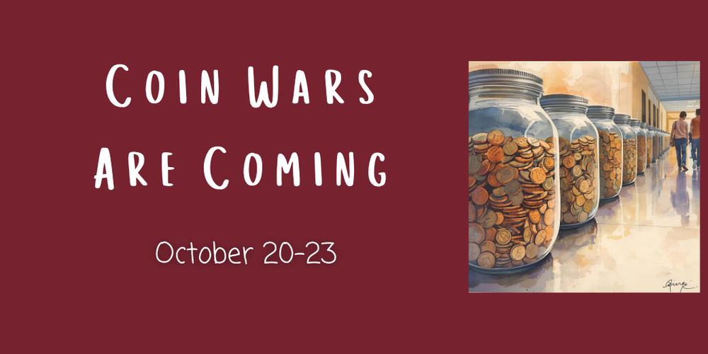 maroon background with jars of coins, text stating coin wars oct 20-23