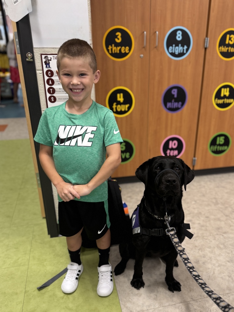 Young boy standing in classroom with a facility dog