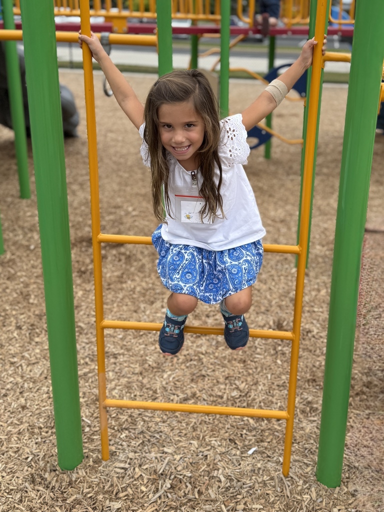 Young girl sitting on the step that leads up to monkey bars