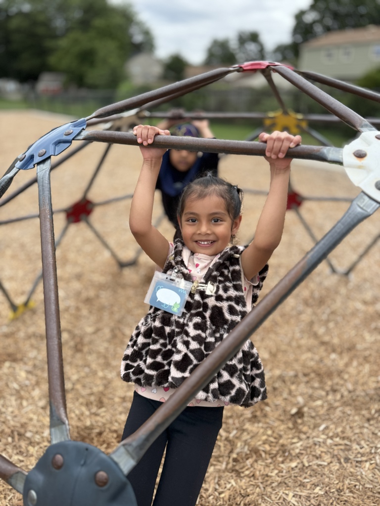 Young girl hanging from monkey bars on a school playground