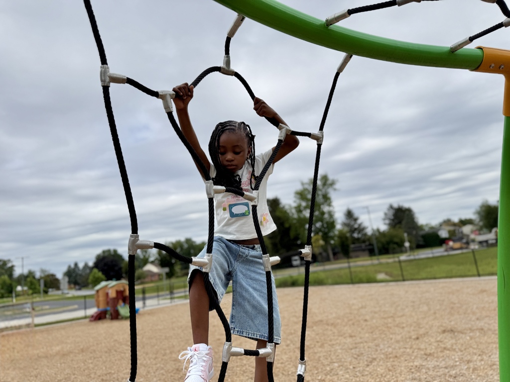 Young girl focused as the climbs a ropes course on a school playground