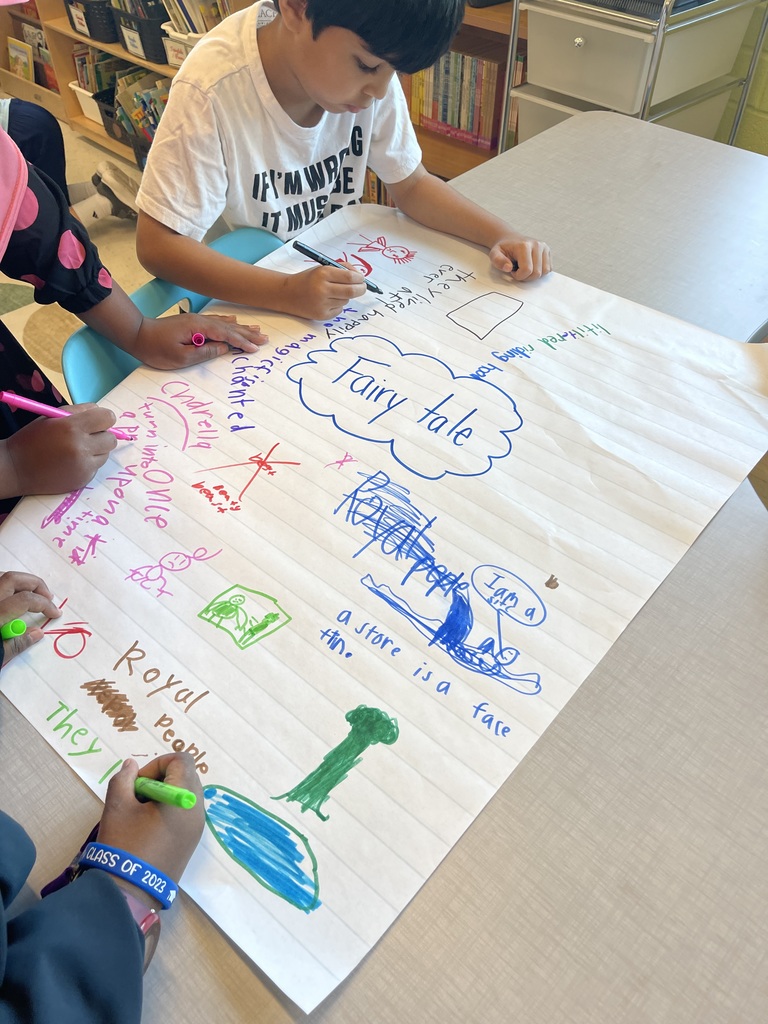 Students laying on the floor to write on large pieces of chart paper.