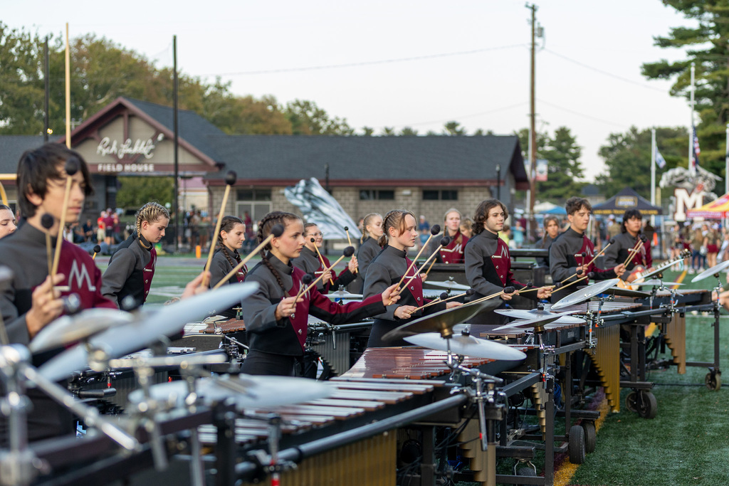 Members of the marching band playing during a show