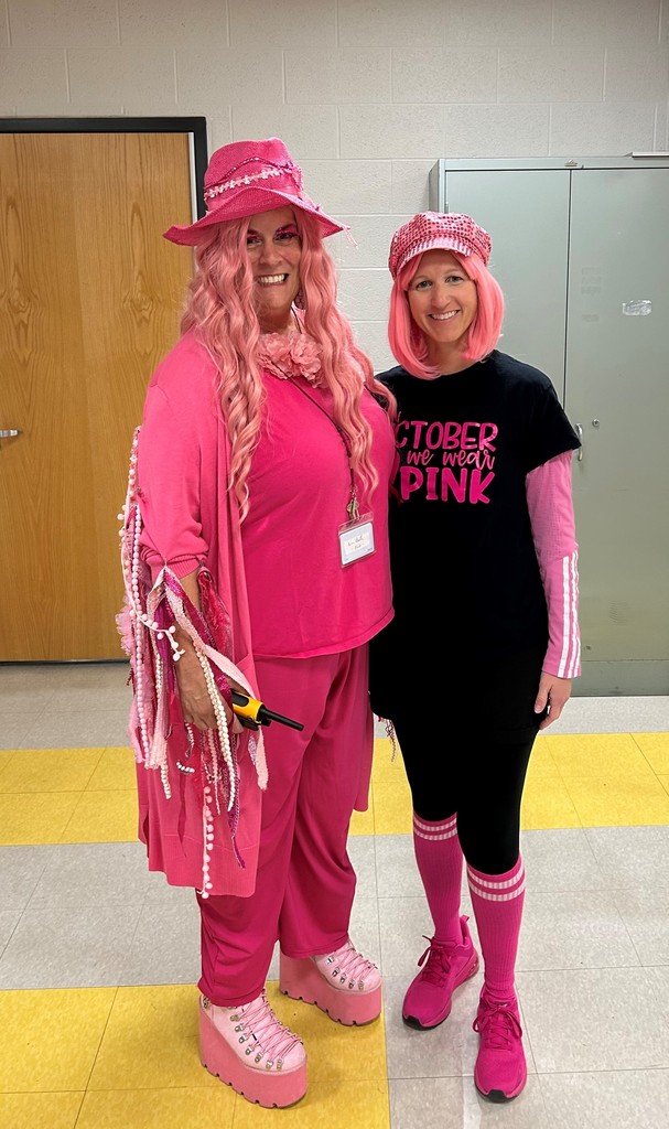 Two ladies dressed head to toe in pink for breast cancer awareness month.
