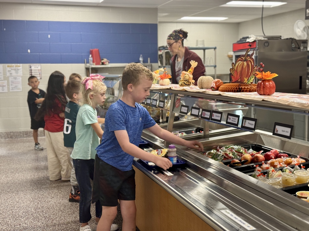 A young student grabbing his lunch in a school cafeteria line.
